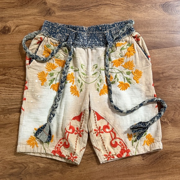 Free People Augusta Floral Embroidered Tan Braid Tie Boho Shorts - Picture 4 of 16